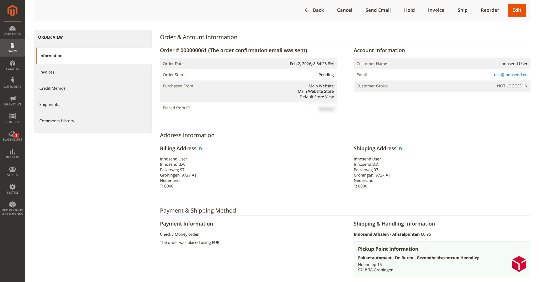 Pickup point information in admin order view – full order details
