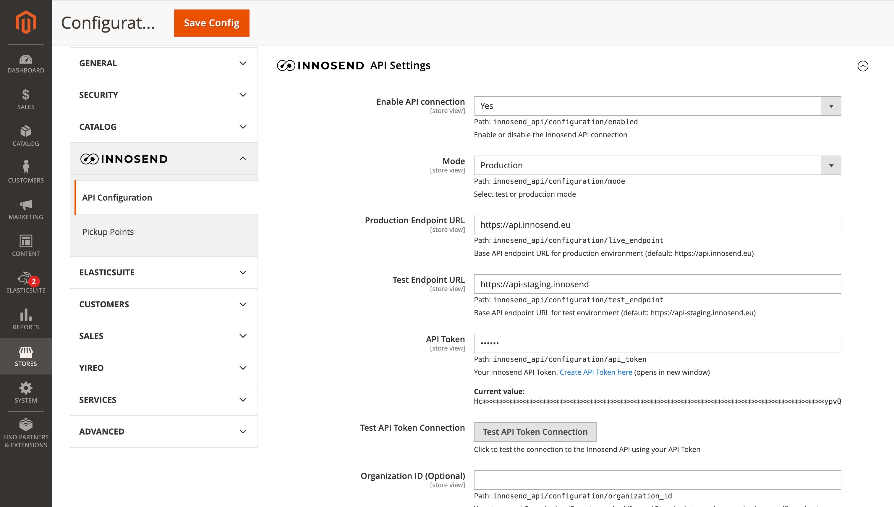 API Settings in Magento backend