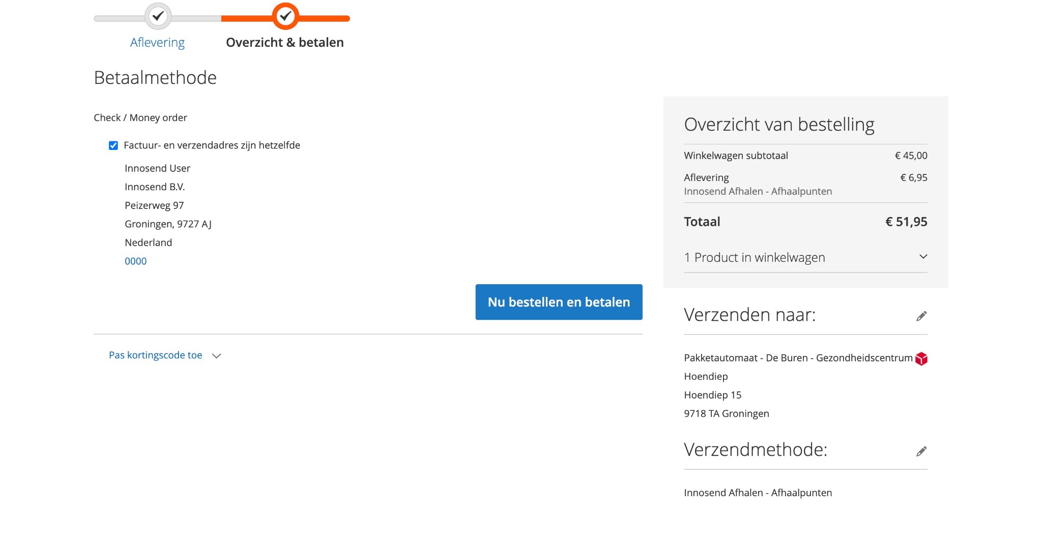Checkout overview – selected pickup point displayed in order summary