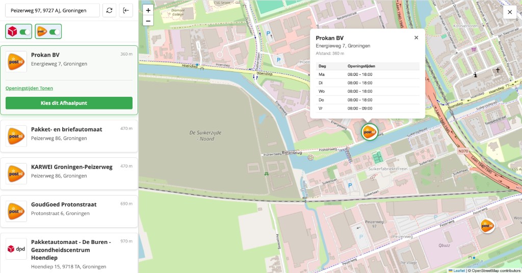Pickup points modal with map – choose a different pickup point