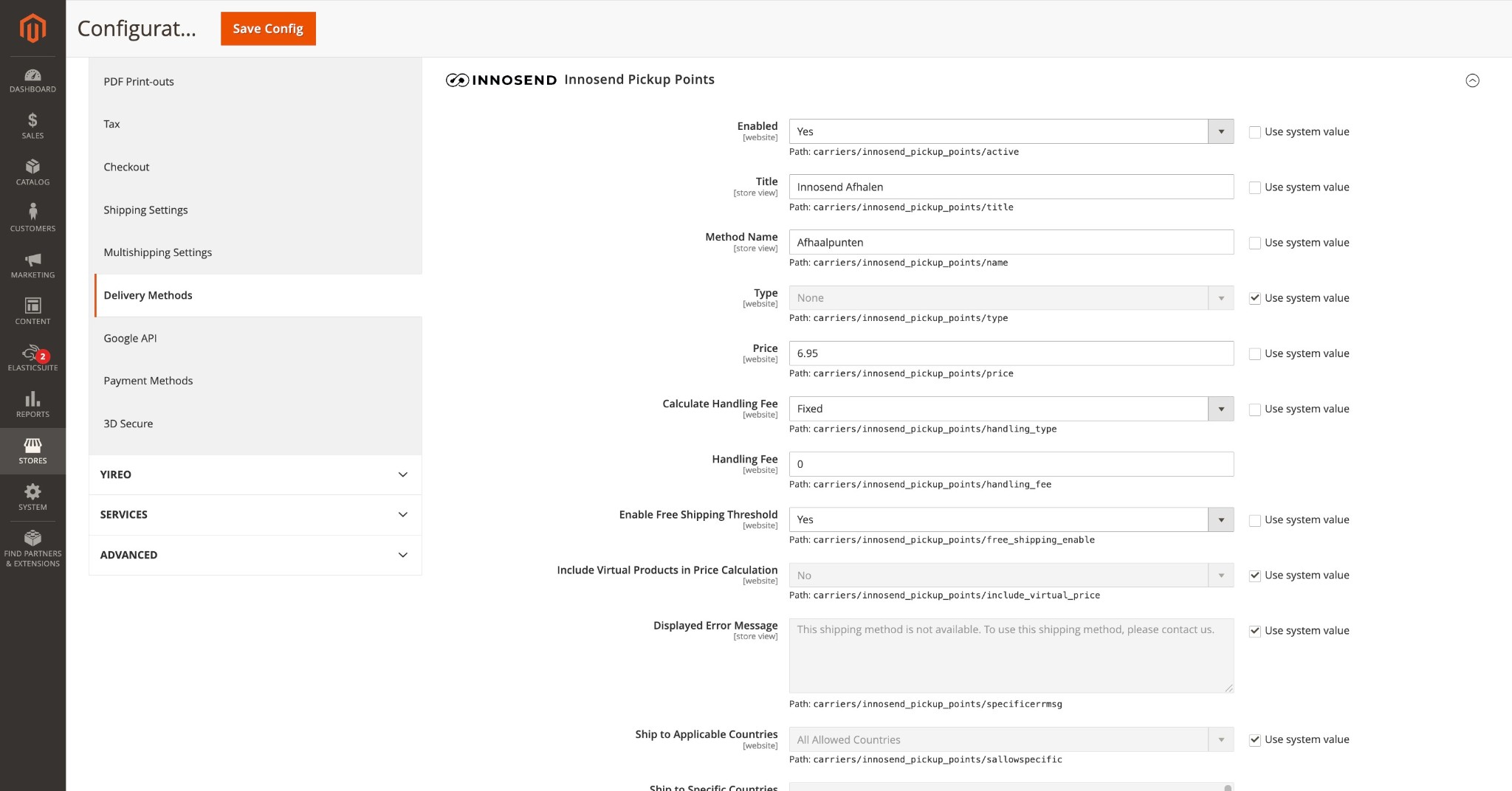 Innosend Pickup Points delivery method settings