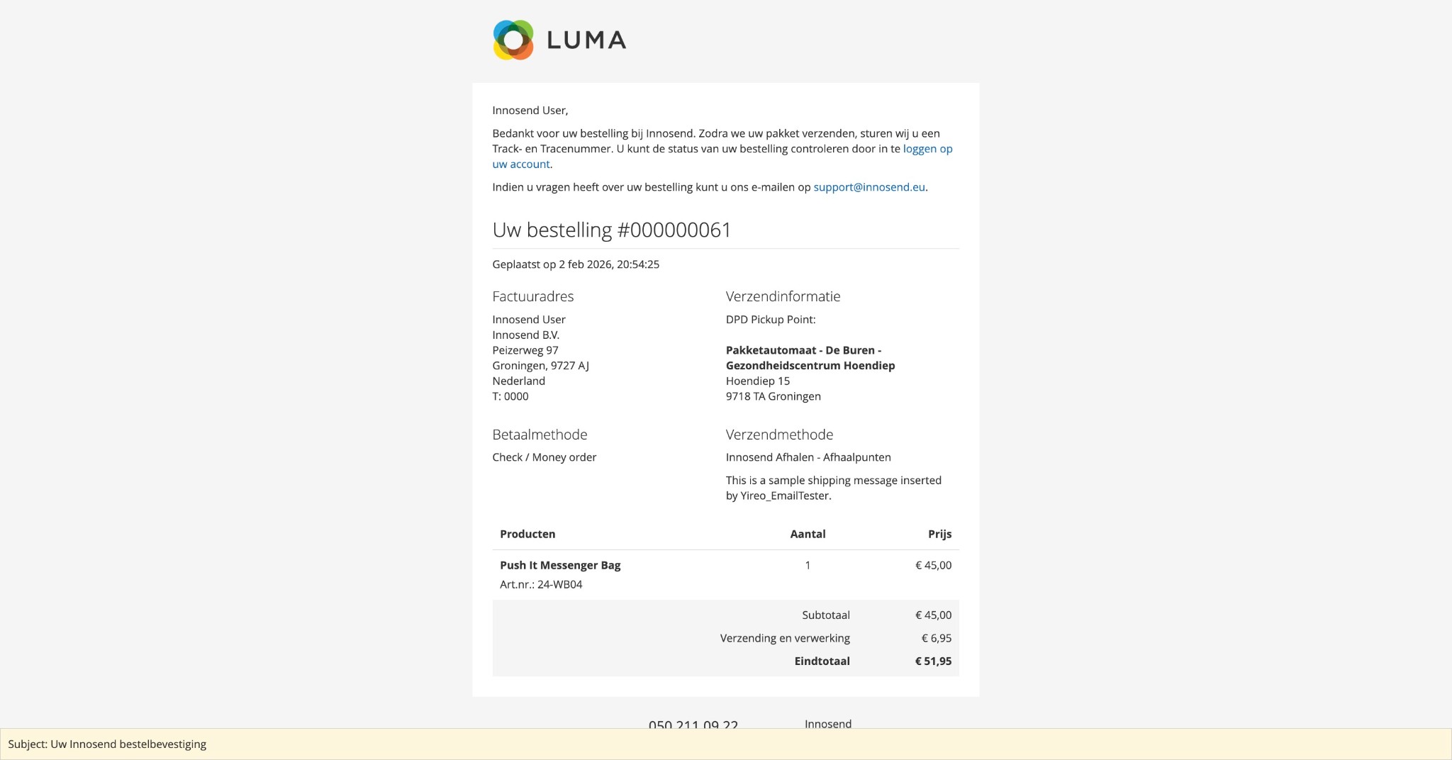 Order confirmation email with pickup point details
